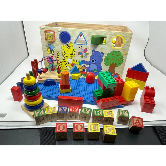 Toy Chest Wooden Alphabet Lego Top + 57 Misc. Pieces 14x7x8  .01:S1418 - Picture 5 of 12